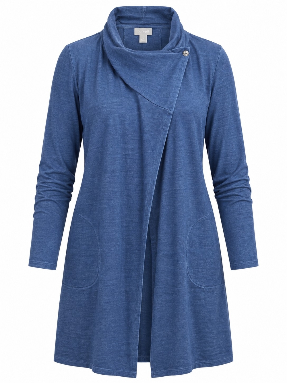 PURE JILL | Indigo Long Cardigan Funnel Shawl Collar Pockets | L Tall